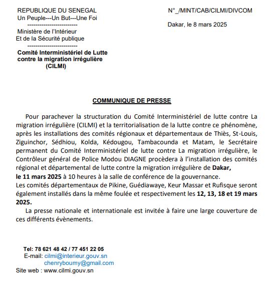 Installation des comités régional et départemental de lutte contre la migration irrégulière de Dakar.